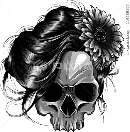 monochrome woman Skull Flowers Illustration on white background monochrome woman Skull Flowers Illustration on white background 114589196