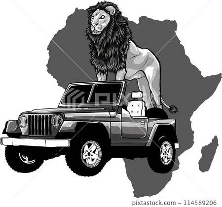 Vector illustration of Africa silhouette with lion and jeep. Vector illustration of Africa silhouette with lion and jeep. 114589206