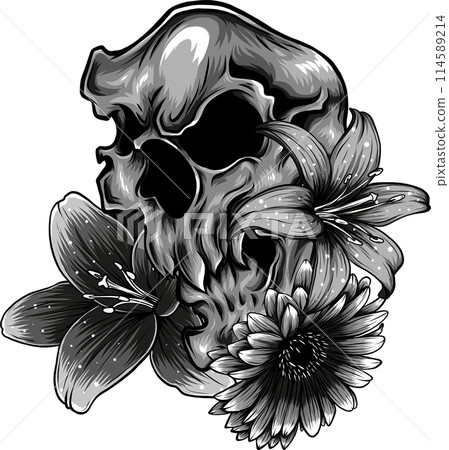 monochrome Leaning Skull Flowers Illustration. High quality vector monochrome Leaning Skull Flowers Illustration. High quality vector 114589214