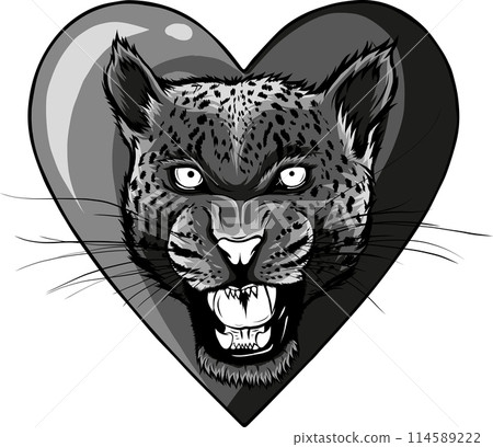 monochrome Black and white leopard head on heart vector illustration. 114589222