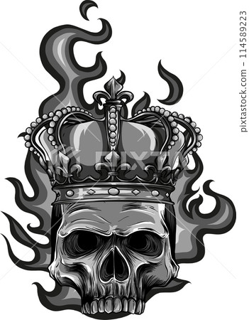 monochrome king skull with flames on white background. vector illustration design 114589223