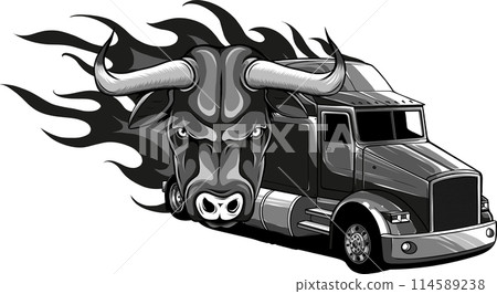 Monochrome semi truck with head bull and flames vector illustration on white background Monochrome semi truck with head bull and flames vector illustration on white background 114589238