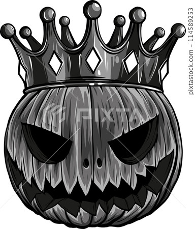 illustration of monochrome Pumpkin head wearing crown illustration of monochrome Pumpkin head wearing crown 114589253