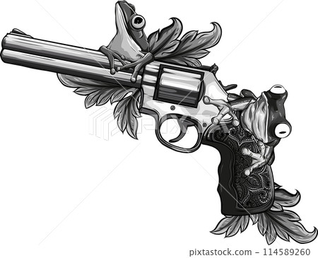 vector illustration of Monochrome Revolver with frog and flowers 114589260