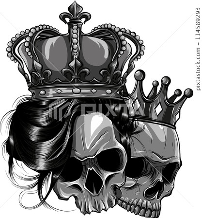 vector illustration of monochrome King and queen skull. 114589293