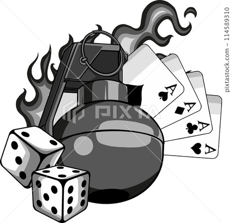 vector illustration of hand grenade with dicve and poker cards 114589310