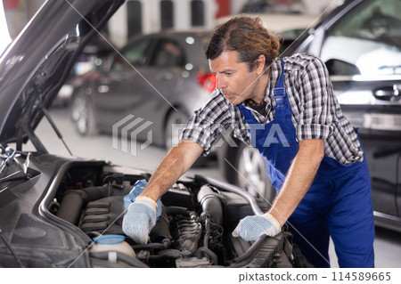 Adult male mechanic repairs under hood of car 114589665