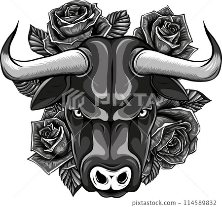 vector illustration of monochrome bull with rose 114589832