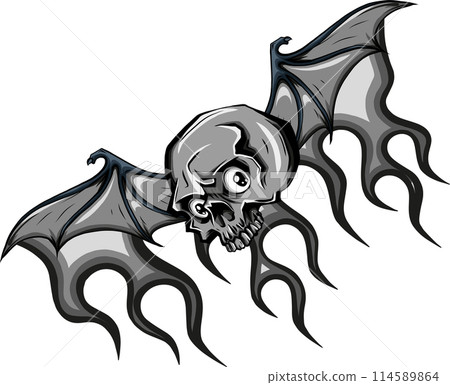 illustration of monochrome skull with bat wing on flames 114589864
