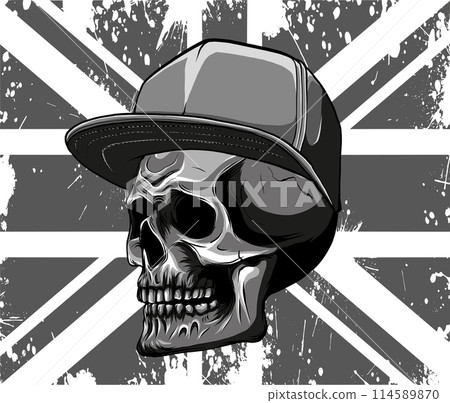 vector illustration of silhouette Angry skull with hat on uk flag vector illustration of silhouette Angry skull with hat on uk flag 114589870