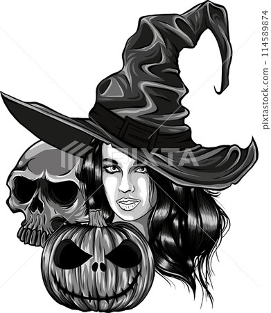vector illustration of monochrome witch with skull and pumpkin 114589874