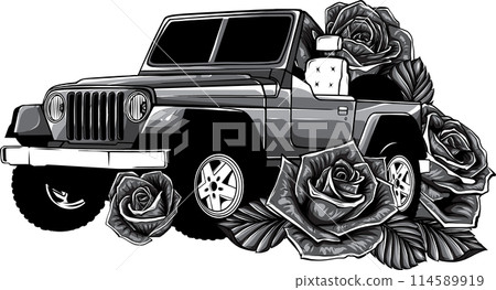 vector illustration of Monochrome off road car with roses 114589919