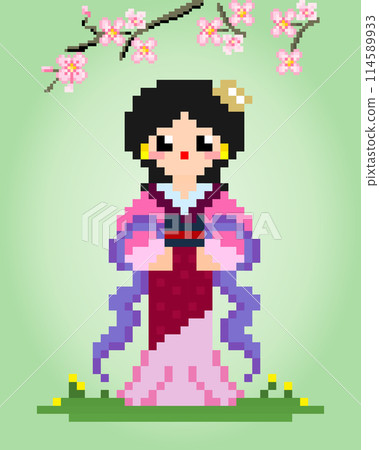 8 bit pixels women wear Hanfu dresses. Chinese girls in vector illustrations for game assets or cross stitch patterns. 8 bit pixels women wear Hanfu dresses. Chinese girls in vector illustrations for game assets or cross stitch patterns. 114589933