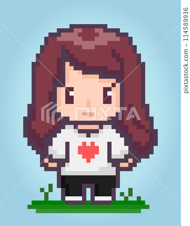 8 bit of pixel women's character. Anime cartoon girl in vector illustrations for game assets or cross stitch patterns. 8 bit of pixel women's character. Anime cartoon girl in vector illustrations for game assets or cross stitch patterns. 114589936