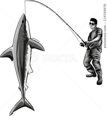monochrome Fishing label with a shark and a fisherman in 114589976