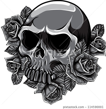 vector illustration of monochrome Skull with roses Flowers. vector illustration of monochrome Skull with roses Flowers. 114590001