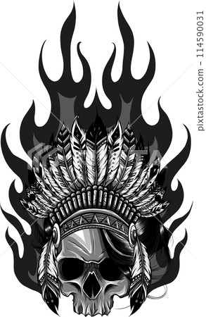 Vector monochrome illustration of stylized skull wearing native American war bonnet. Vector monochrome illustration of stylized skull wearing native American war bonnet. 114590031