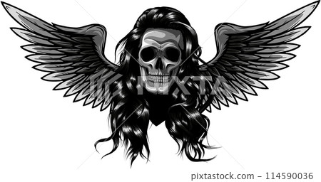 Monochrome skull with wings. Vector illustration, tattoo sketch, emblem. 114590036