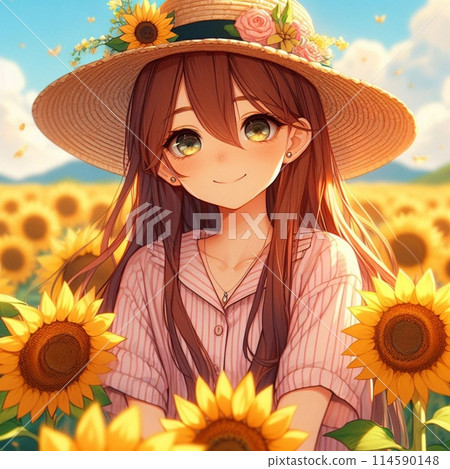 一個女孩從向日葵田裡往外看 114590148