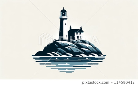Lighthouse perched atop a rocky cape, depicted in a minimalist style.  114590412