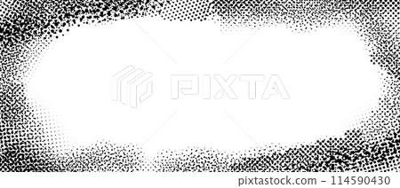 Splayed grunge frame. Halftone dotted edge border for poster, cover, banner, booklet, brochure, magazine, leaflet. Vintage grain scratched background. Textured pop art comic cartoon wallpaper. Vector 114590430