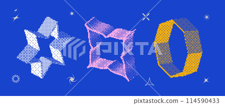 Bitmap textured shape set. Dither halftone objects collection. Colorful 3d flower, star, octagon elements for banner, poster, leaflet. Abstract pixelated raster effect bundle. Vector pack Bitmap textured shape set. Dither halftone objects collection. Colorful 3d flower, star, octagon elements for banner, poster, leaflet. Abstract pixelated raster effect bundle. Vector pack 114590433