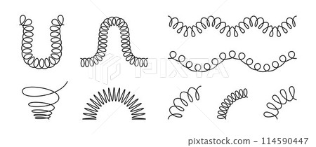 Spiral spring set. Black wire coil springs collection. Thin wire frames, zigzag lines, metal waves, flexible coils and arch elements pack for graphic design templates, decor, border. Vector bundle Spiral spring set. Black wire coil springs collection. Thin wire frames, zigzag lines, metal waves, flexible coils and arch elements pack for graphic design templates, decor, border. Vector bundle 114590447