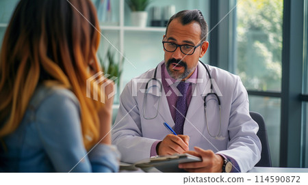 A male doctor writing notes in a notebook while talking to a female patient in a clinic A male doctor writing notes in a notebook while talking to a female patient in a clinic 114590872