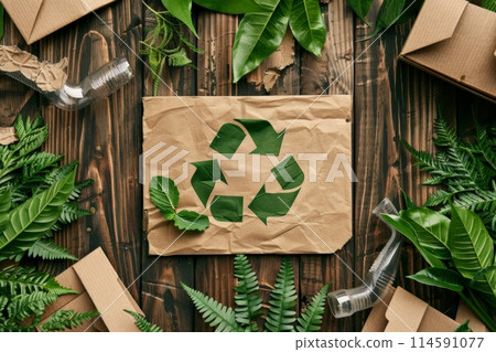 A plantthemed recycling symbol surrounded by lush green leaves 114591077
