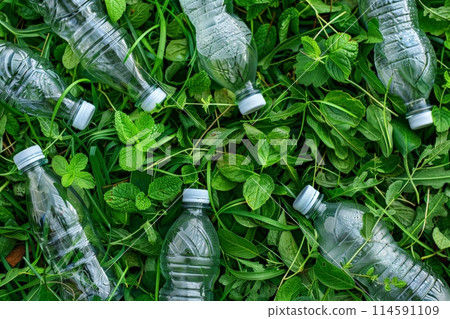 Three plastic bottles with a green recycling symbol on a wooden surface 114591109