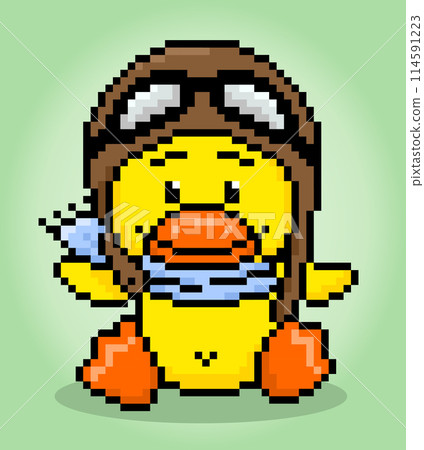 8-bit pixel duck wearing a pilot uniform. Animal game assets in vector illustrations. 8-bit pixel duck wearing a pilot uniform. Animal game assets in vector illustrations. 114591223