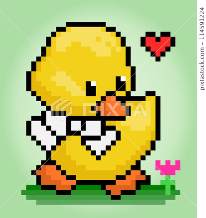 8-bit duck pixels. Animal game assets in vector illustrations. 114591224