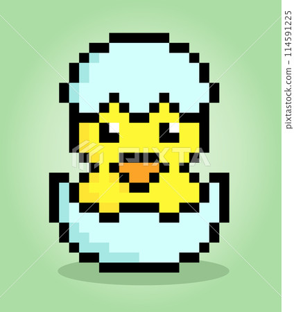 8-bit pixel duck hatches from eggs. Animal game assets in vector illustrations. 114591225