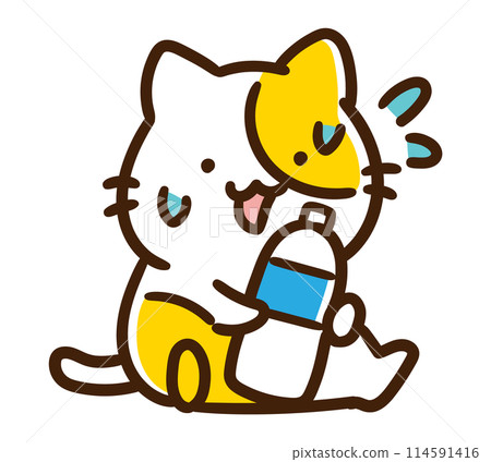 A comical illustration of a cute cat character trying to drink water from a plastic bottle because it's hot 114591416