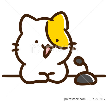 A deformed illustration of a cute cat character commenting in front of a microphone 114591417