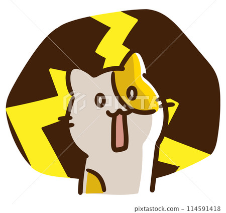 A comical illustration of a cute cat character so shocked that lightning strikes him A comical illustration of a cute cat character so shocked that lightning strikes him 114591418