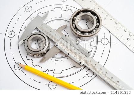 Engineering tools and mechanical industrial with vernier caliper and metal ball bering. 114591533