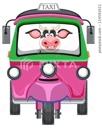 Cartoon Cow Driving a Colorful Taxi Cartoon Cow Driving a Colorful Taxi 114591611