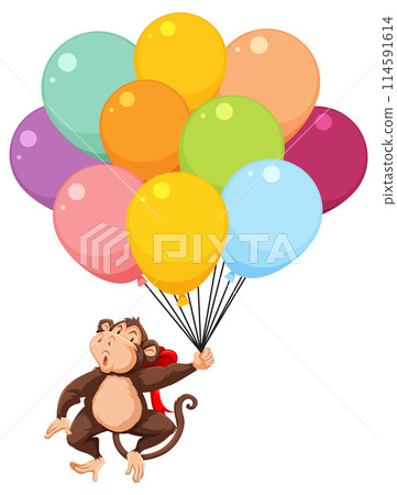 Monkey Floating with Colorful Balloons 114591614