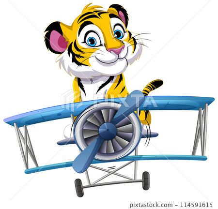 Adventurous Tiger Pilot in Cartoon Airplane 114591615
