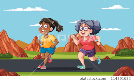 Women Jogging in Scenic Landscape Women Jogging in Scenic Landscape 114591623