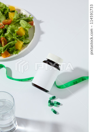 High angle shot at the scene a blank bottle of weight loss drug, green measuring tape and some green pills flat lay on white table top, decorated by a dish of vegetable for dietary, copy space 114591733