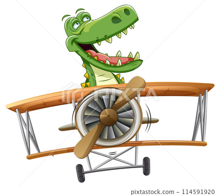 Cartoon Crocodile Piloting a Vintage Airplane 114591920