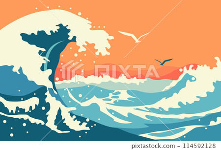 Nature Landscape Background with Big Sea Ocean Water Waves in Summer 114592128