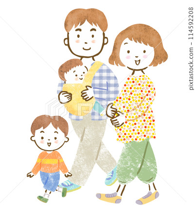 A hand-drawn illustration of a family of four: a mother pregnant with her third child, a father holding a second son, and an older brother 114592208