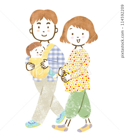 A hand-drawn illustration of a family of three, a mother pregnant with her second child and a father holding his eldest son A hand-drawn illustration of a family of three, a mother pregnant with her second child and a father holding his eldest son 114592209