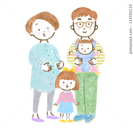 手繪插畫的四口之家：懷著第三個孩子的母親，抱著第二個女兒的父親，還有一個姐姐 114592210
