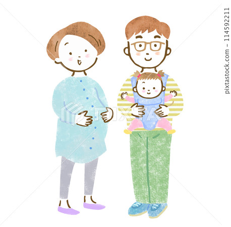 A hand-drawn illustration of a family of three, a mother pregnant with her second child and a father holding his eldest daughter 114592211