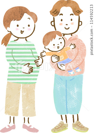 手繪插圖:一個三口之家,懷著第二個孩子的母親和抱著大兒子的父親 手繪插圖:一個三口之家,懷著第二個孩子的母親和抱著大兒子的父親 114592213