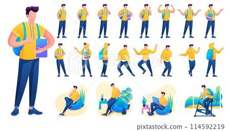 Presentation in various poses and actions character. Young Men. 2D Flat character vector illustration N4 Presentation in various poses and actions character. Young Men. 2D Flat character vector illustration N4 114592219